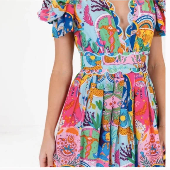 J. Marie Sloane Zodiac Celestial Print Bow Sleeve V-Neck Dress Nwt - Picture 4 of 9